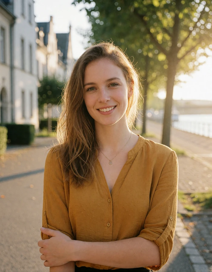 Swiss woman with light brown hair in a mustard-gold blouse along the Rhine riverside promenade in Basel