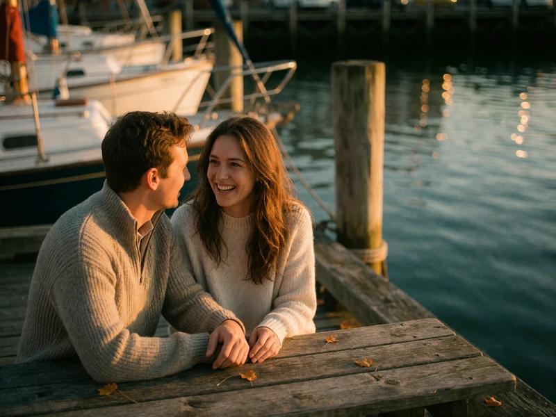 Couple laughing together at a wooden harborside table in a Norwegian coastal town at evening