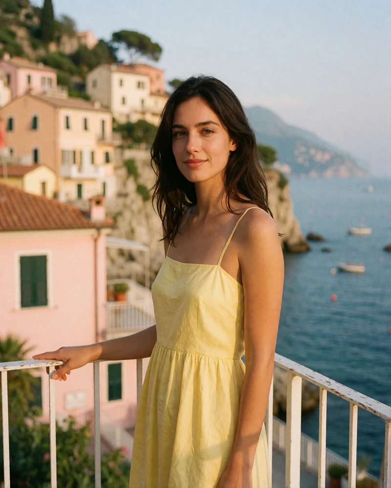 Italian woman in a yellow sundress smiling on a terrace above a pastel coastal town