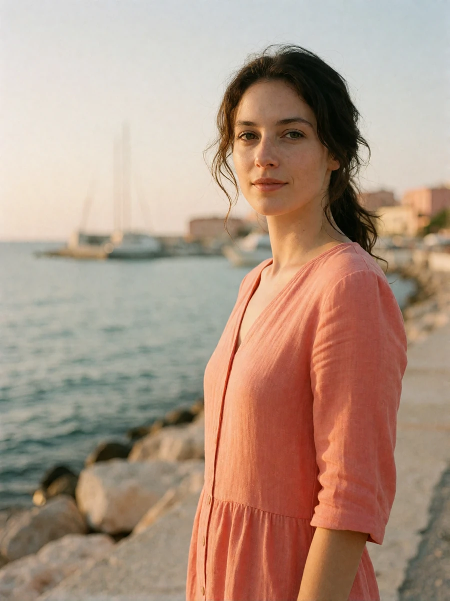 Italian woman in a coral linen dress on a Mediterranean seaside promenade