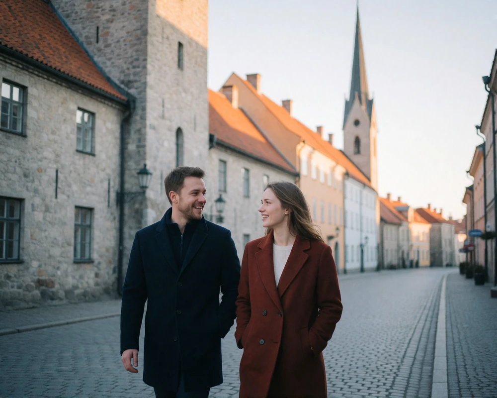 Couple walking together on a cobblestone street in Tallinn's Old Town, Estonia
