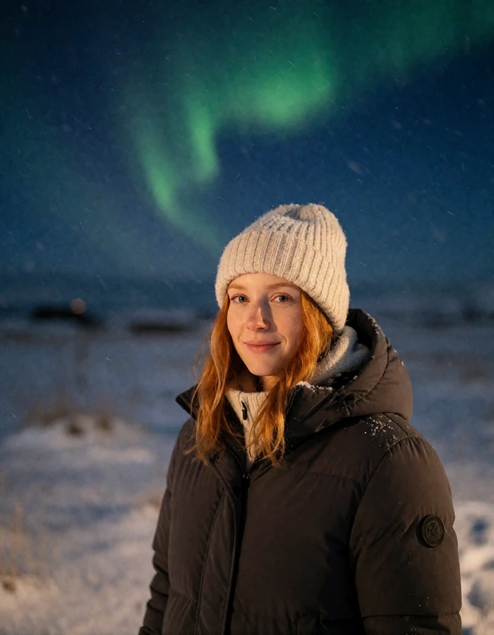 Icelandic woman in a charcoal parka in a snowy field under a faint aurora