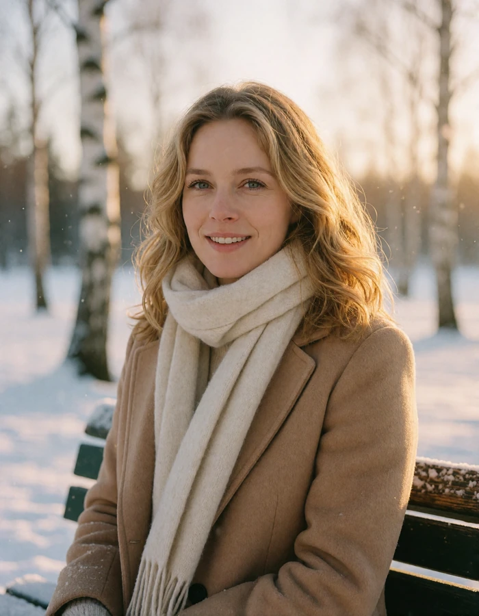 Norwegian woman in a camel wool coat sitting on a snow-dusted park bench