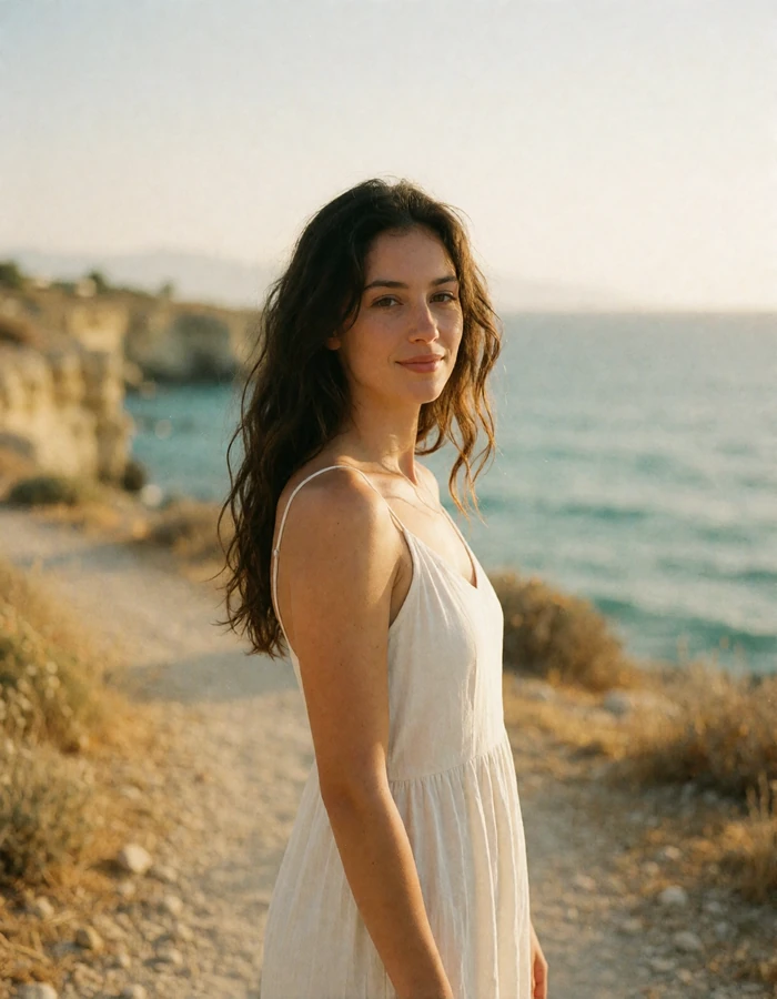 Cypriot woman in a white sundress on a coastal path near Paphos with a hazy sea horizon behind her