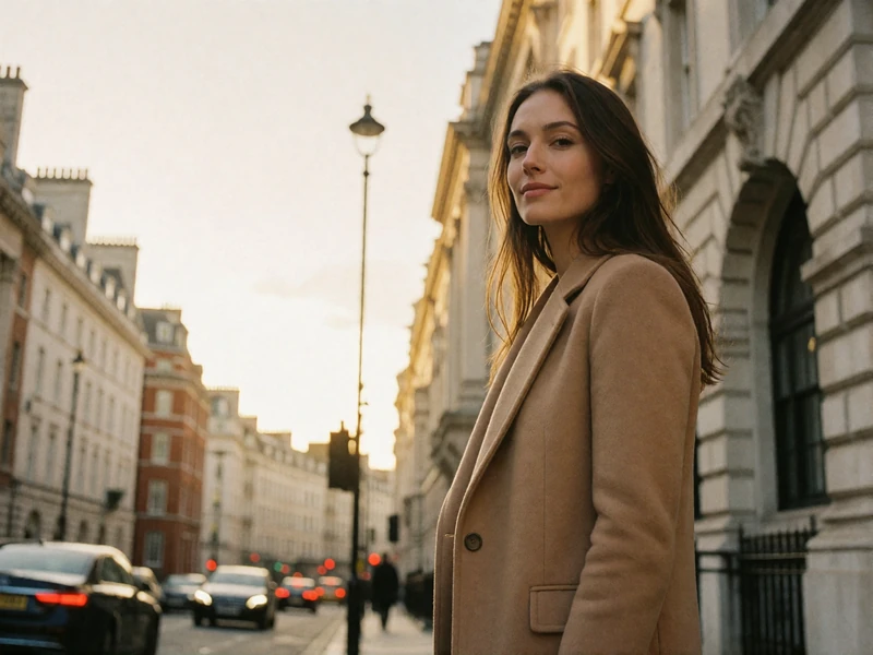 British woman in a tailored camel coat on a London street with soft architectural background