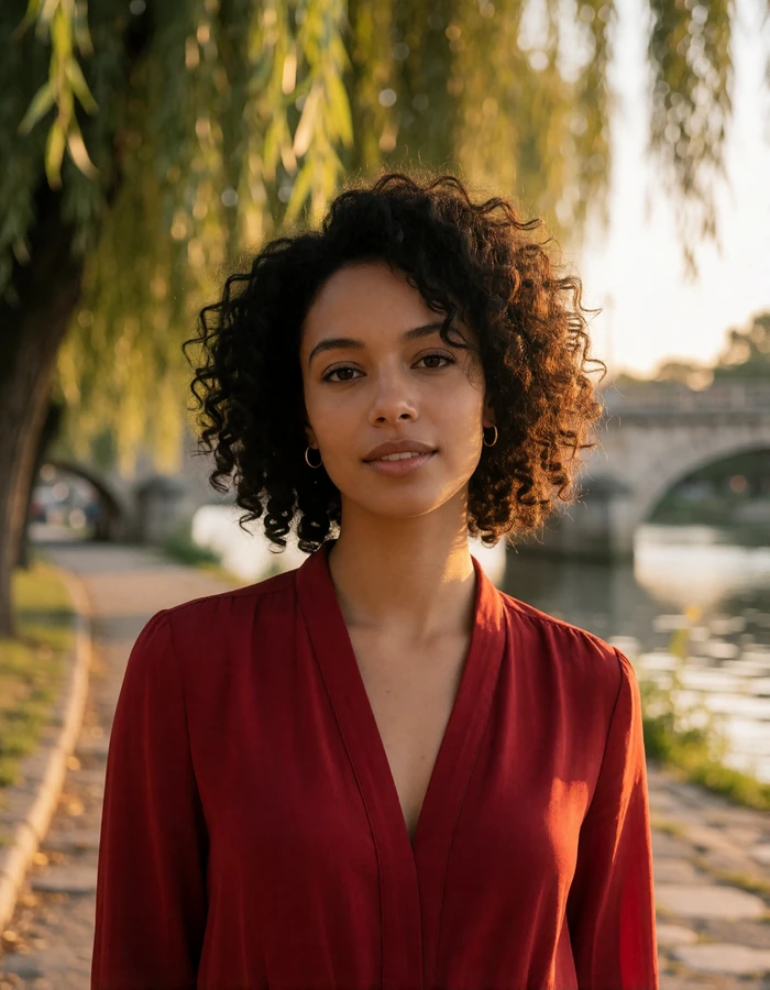 Luxembourg woman in a crimson blouse on a riverside promenade with stone bridges