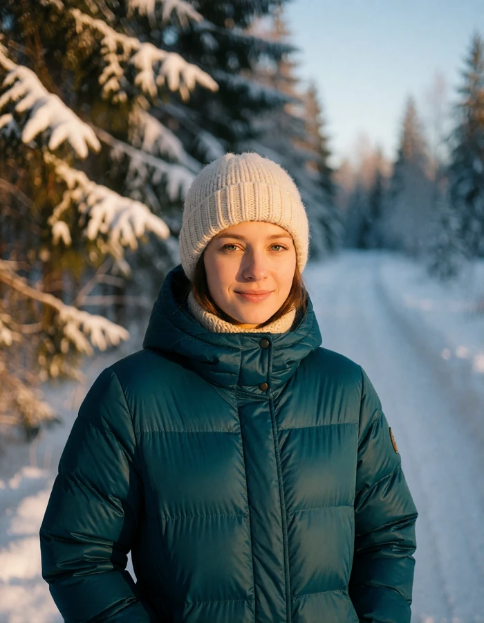 Finnish woman in a cream knitted hat and teal jacket smiling on a snowy forest path