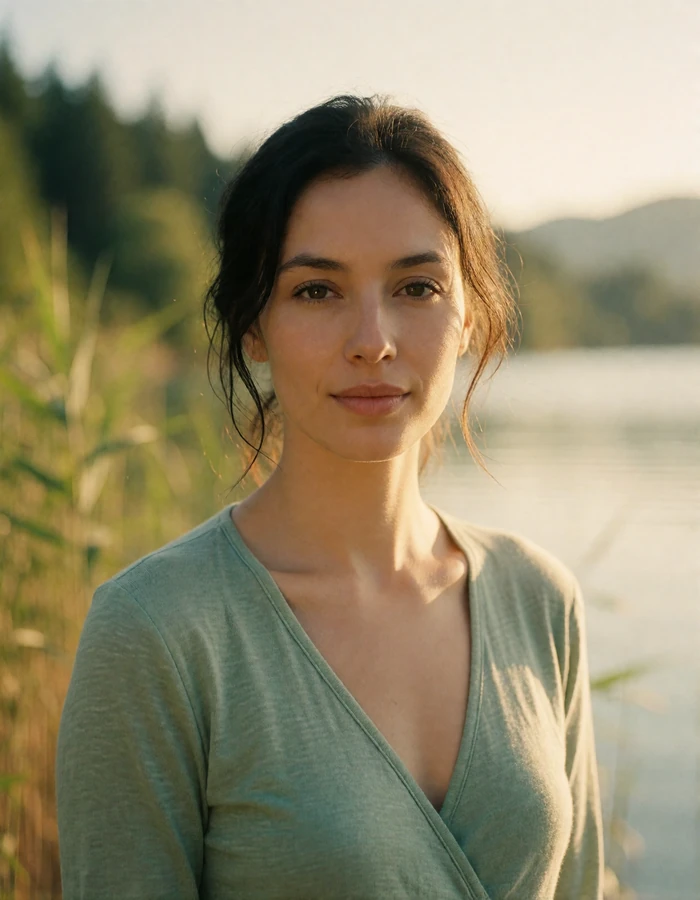 Austrian woman with dark hair pinned loosely standing near a Carinthian lakeshore with distant wooded hills