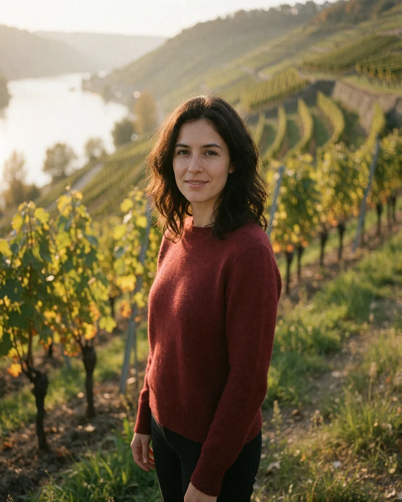 German woman in a burgundy sweater standing on a terraced vineyard slope above the Rhine river