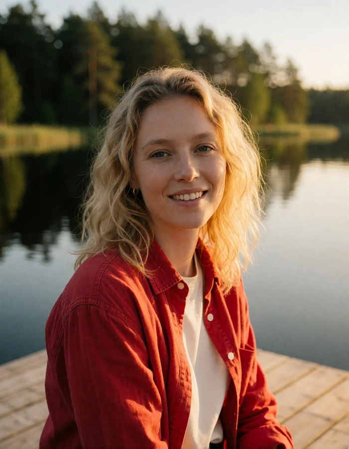 Swedish woman with wavy fair hair sitting on a wooden dock beside a still lake