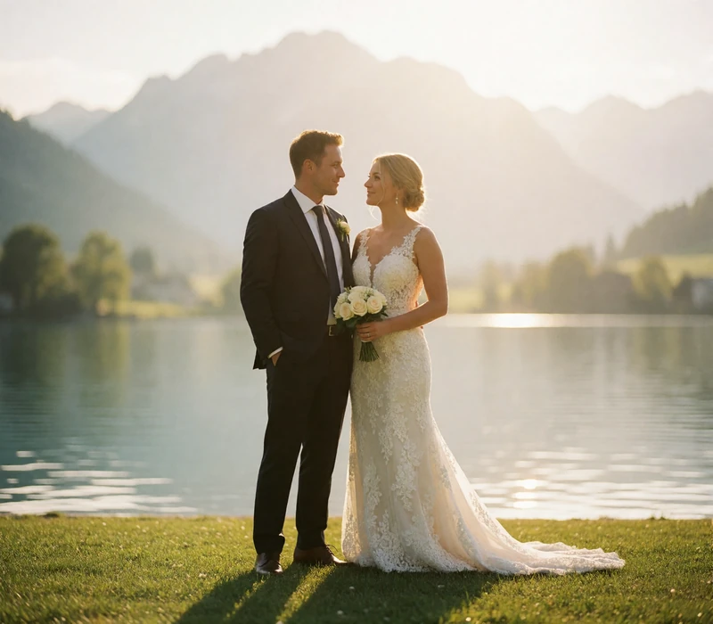 Bride and groom standing together on a lakeside lawn with alpine mountains in soft focus behind them