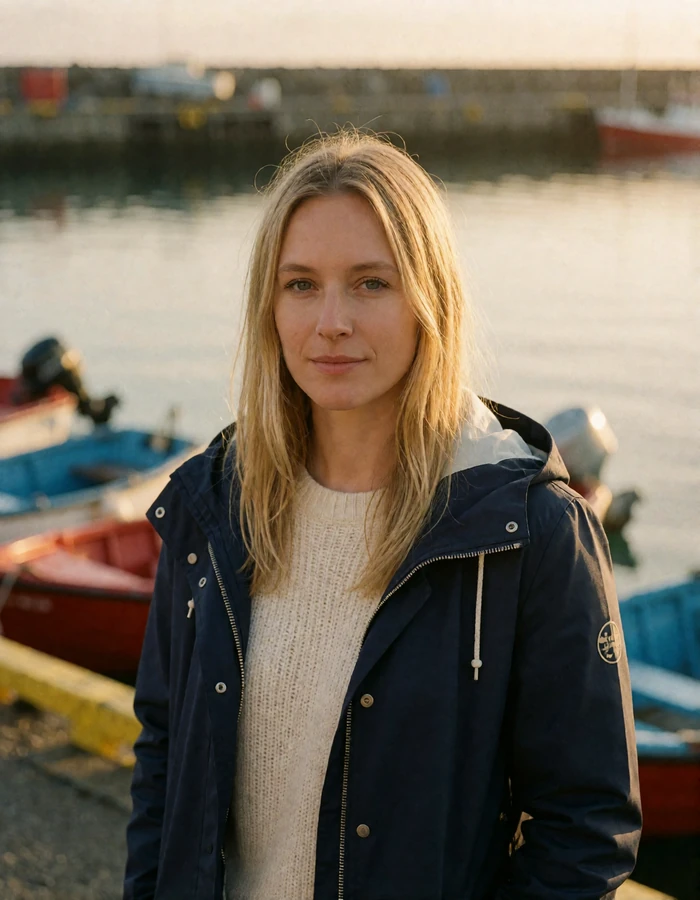 Icelandic woman in a navy raincoat on a small fishing harbour quay