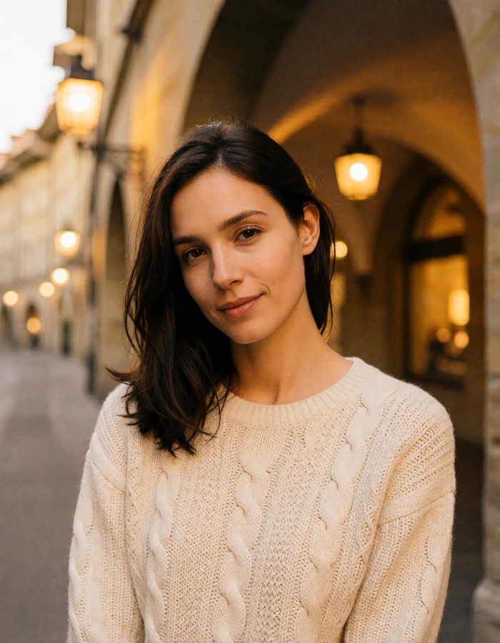 Swiss woman with dark shoulder-length hair in a cream sweater in the arcaded streets of Bern old town