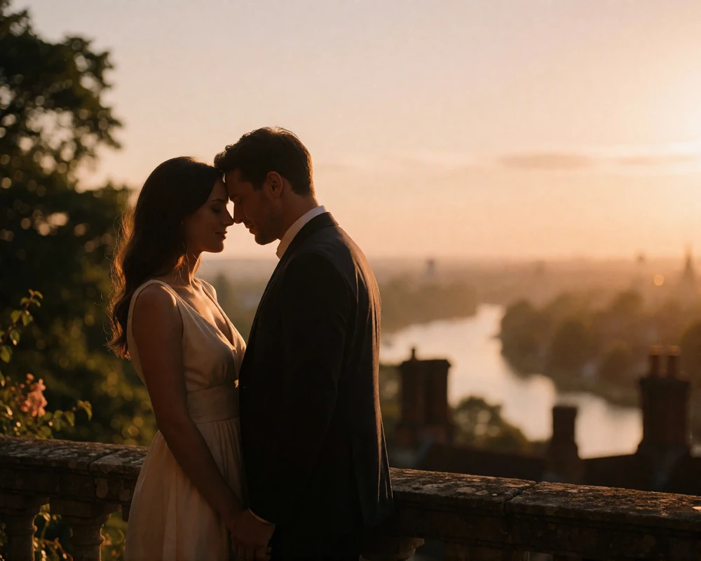 Couple standing forehead to forehead in golden sunset light on a terrace above an English river valley