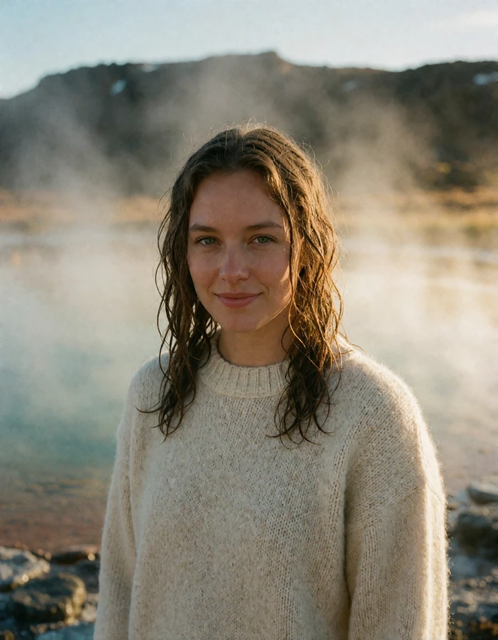 Icelandic woman in a cream lopapeysa sweater near a steaming geothermal spring