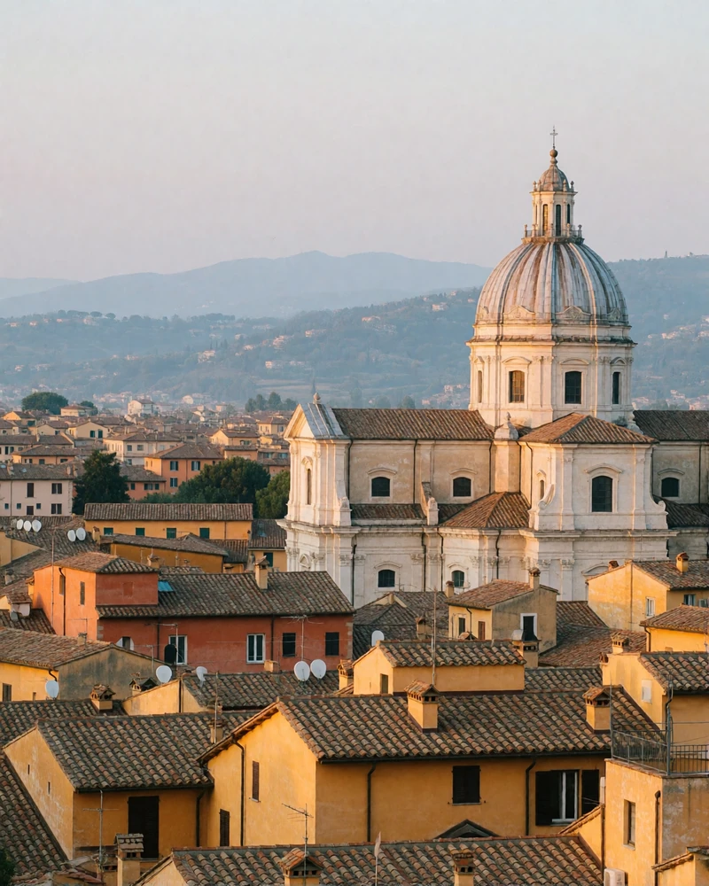 Golden-hour view over terracotta rooftops and a cathedral dome in a historic Italian city