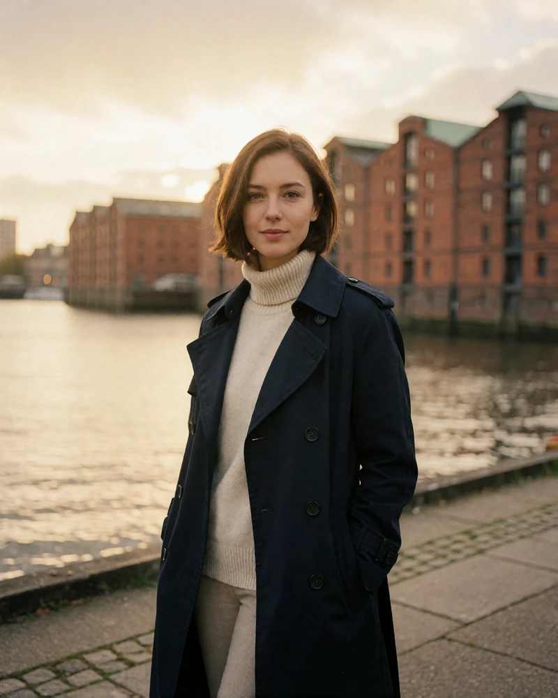 German woman in a navy trench coat standing by a harbour promenade in Hamburg with red-brick warehouses behind her