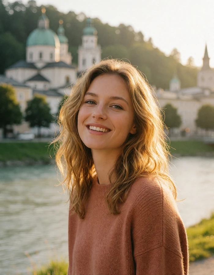 Austrian woman with wavy golden-blonde hair smiling on a Salzburg riverside with domed church roofs behind her