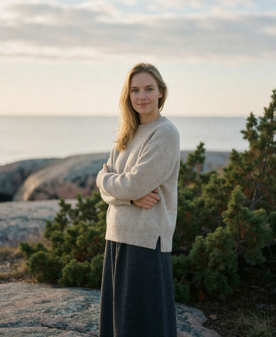 Estonian woman in an oatmeal sweater standing on a rocky Baltic shoreline lined with juniper bushes