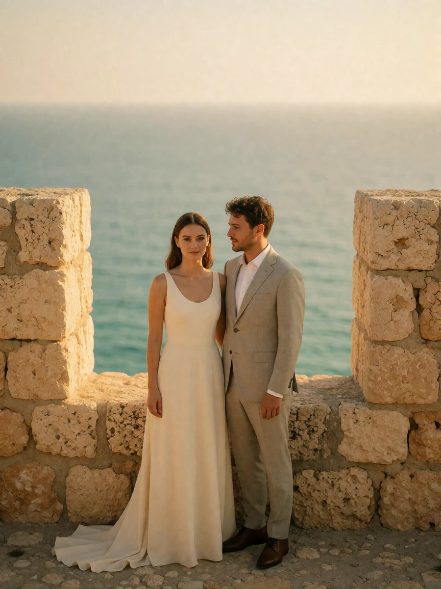 Bride and groom standing together on a limestone bastion overlooking the Mediterranean Sea in Malta