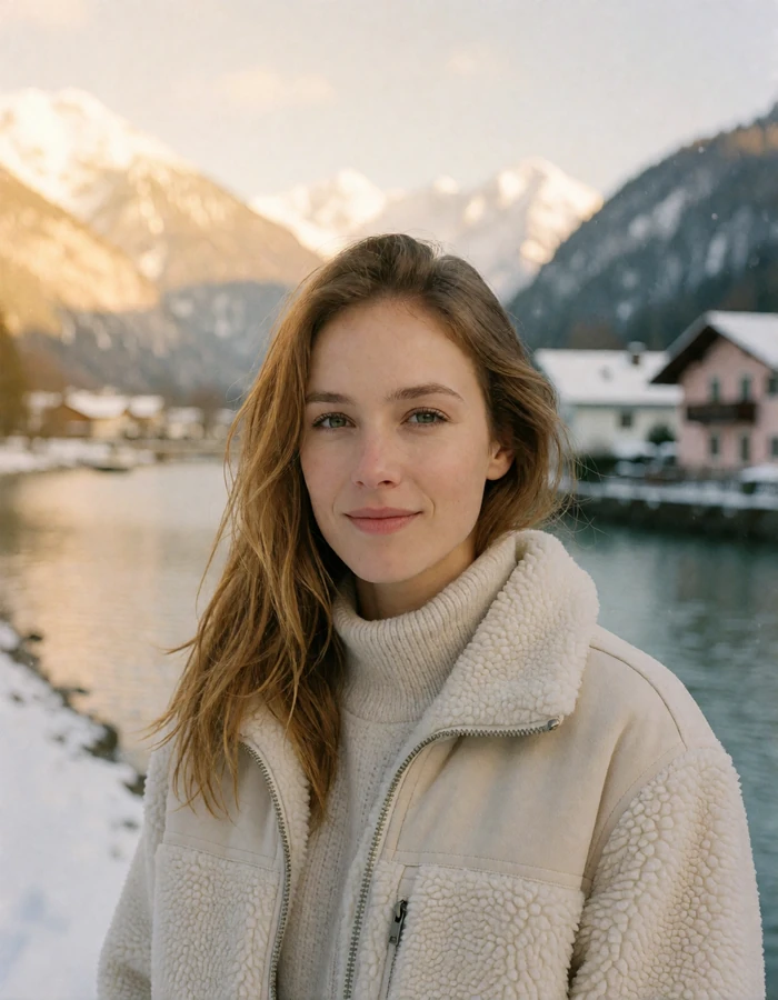 Austrian woman with light brown hair smiling in front of snow-dusted Tyrolean peaks near Innsbruck