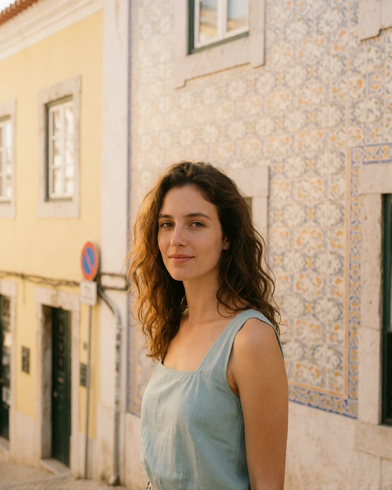Portuguese woman in a blue top smiling on a steep tiled street in Lisbon