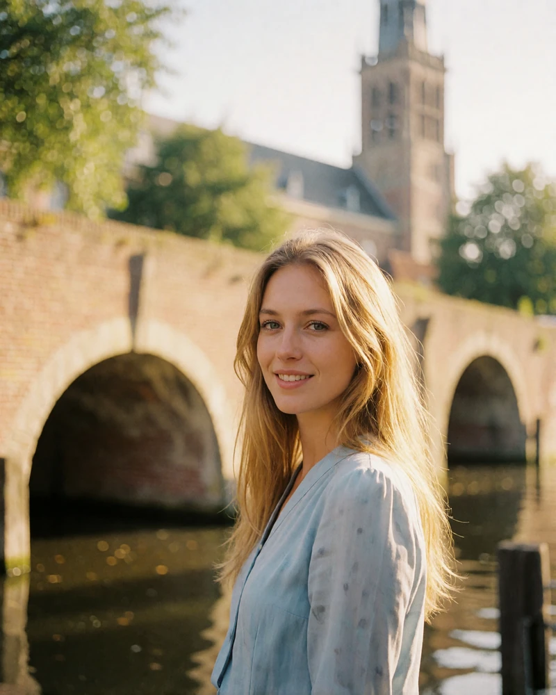 Dutch woman in a soft blue blouse smiling beside a canal wharf in Utrecht
