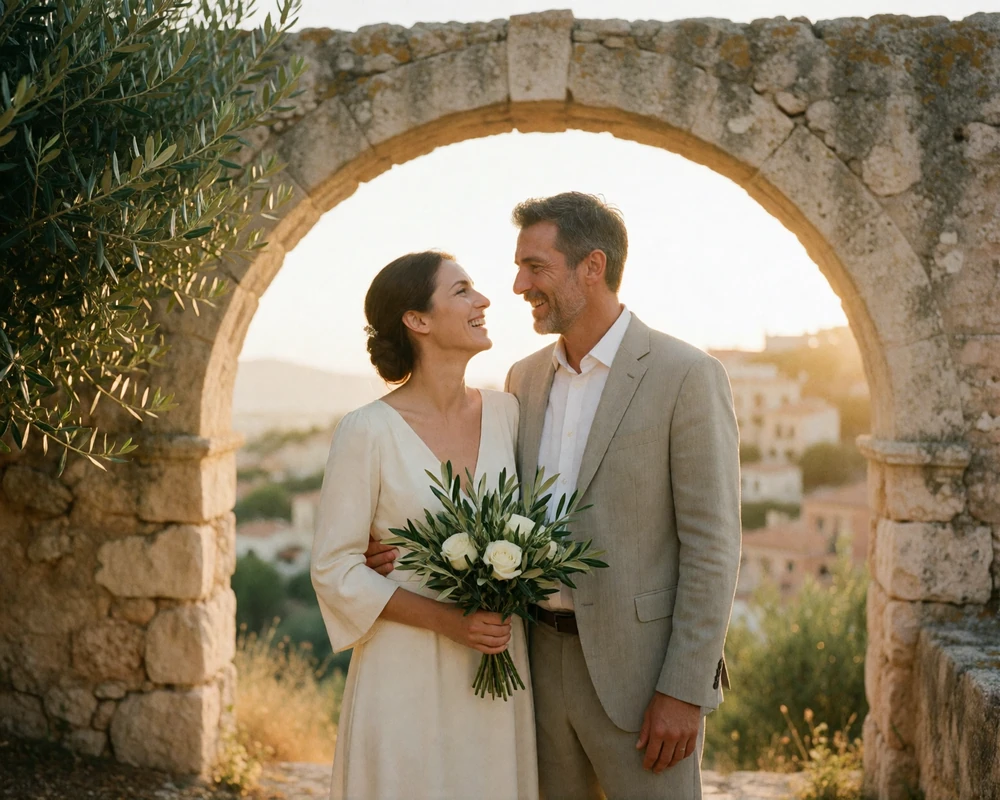 Newly married couple laughing beneath a weathered stone archway in a hilltop town