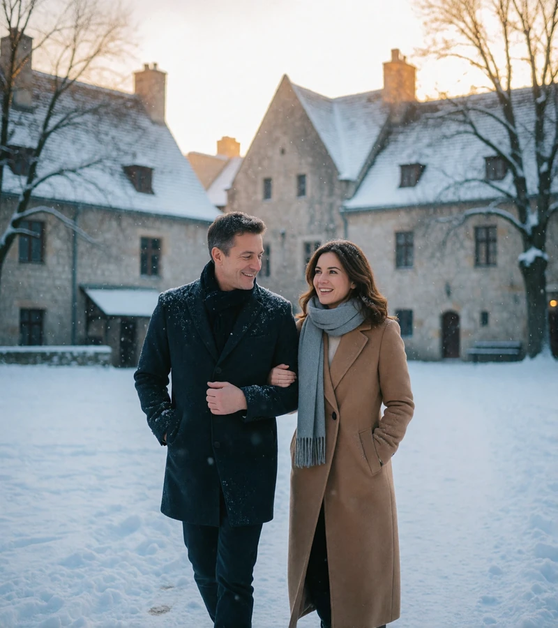Couple walking arm in arm through a snow-covered medieval square in Tallinn's Old Town