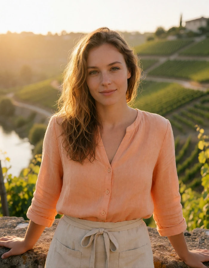 Luxembourg woman in an apricot blouse leaning on a wall above the Moselle vineyards