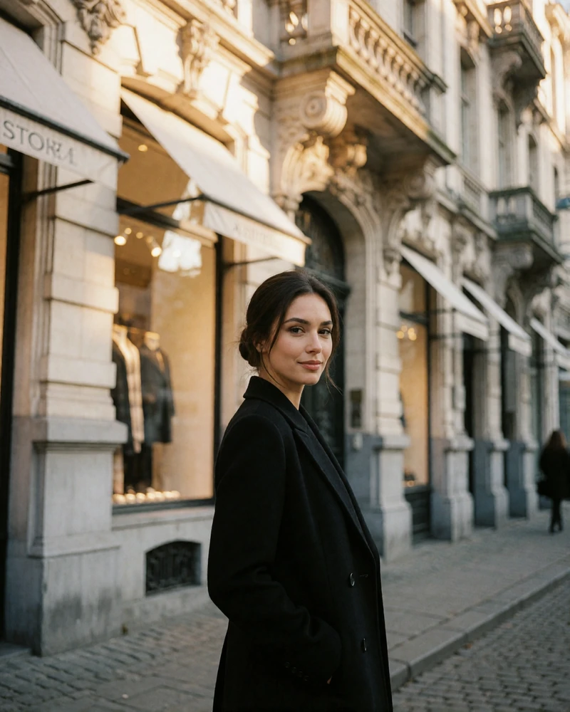 Belgian woman in a structured black coat standing poised on an Antwerp fashion-district street