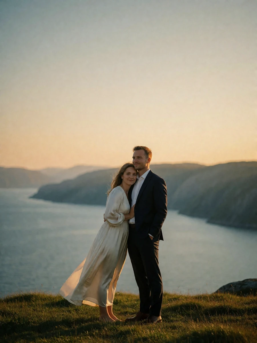 Couple standing together on a grassy clifftop above a Norwegian fjord at golden hour