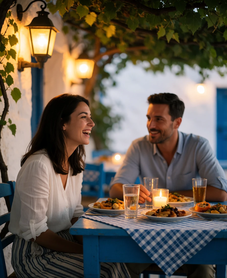 Couple laughing over mezze plates at a vine-covered taverna table in the evening