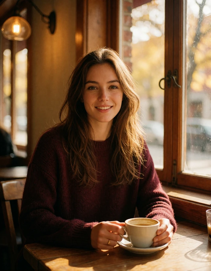 Andorran woman in a burgundy sweater smiling at a wooden café table by a window