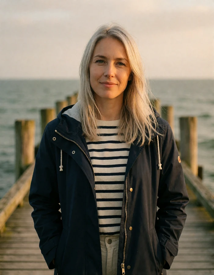 Danish woman in a navy raincoat standing on a wooden seaside pier with grey-green sea behind her
