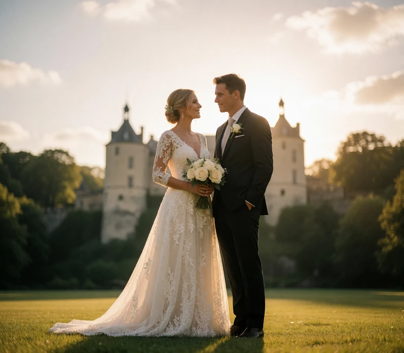 Bride and groom on a lawn below a Luxembourg castle at golden hour