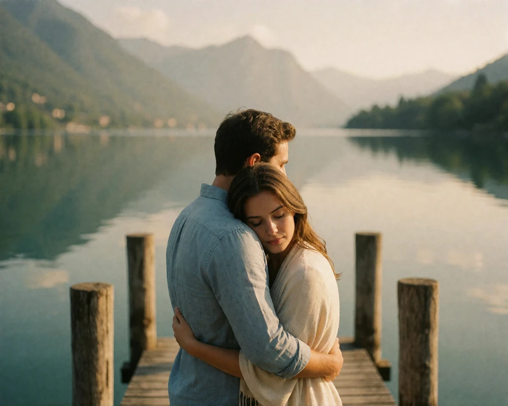Couple embracing on a wooden jetty beside a still northern Italian lake