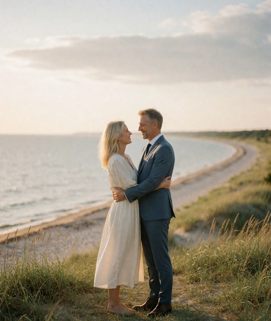 Couple embracing on a grassy coastal bluff above a calm Baltic bay at golden hour