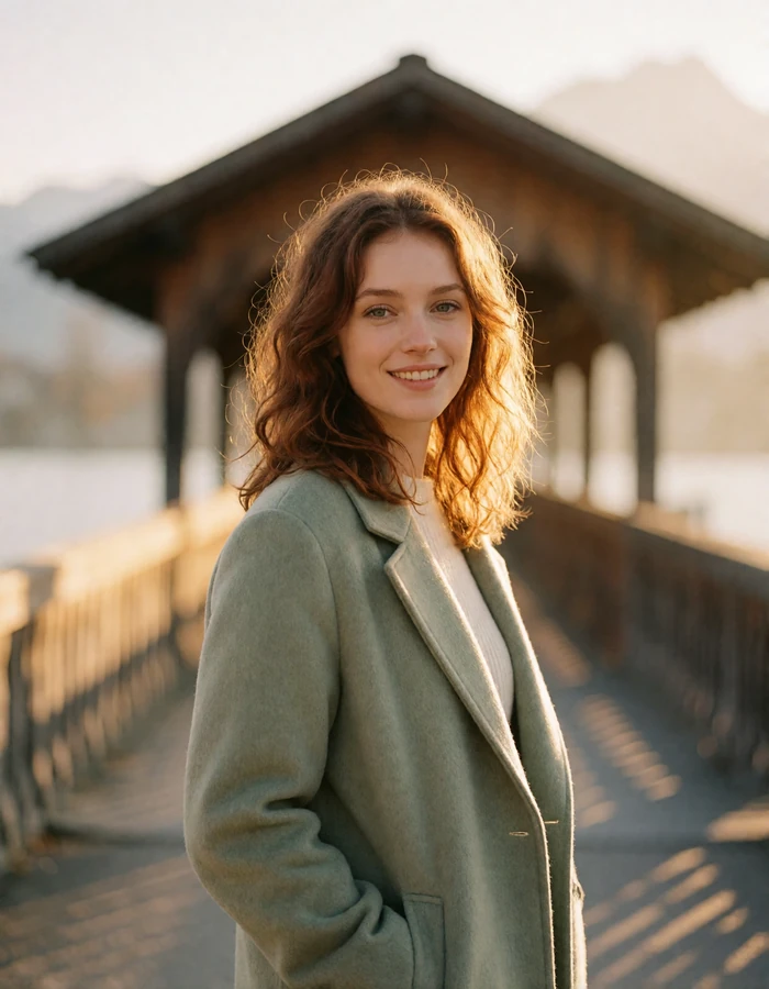 Swiss woman with wavy auburn hair in a sage-green wool coat near the Lucerne waterfront