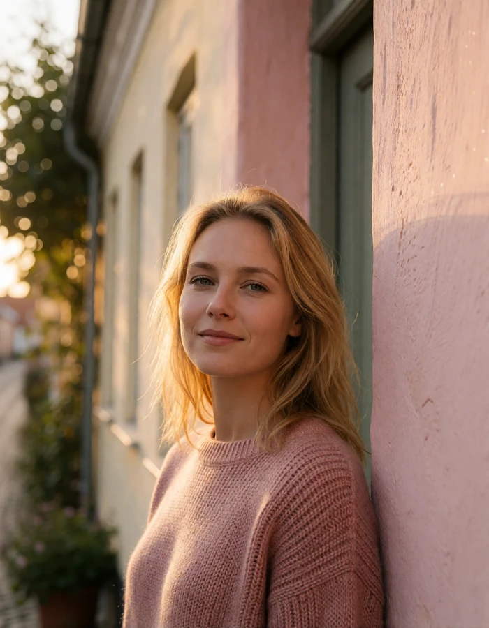 Danish woman in a rose knit sweater smiling beside a pastel painted townhouse doorway in Copenhagen