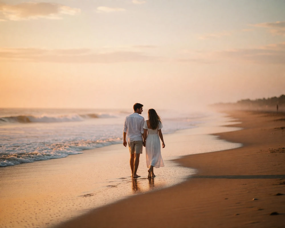 Couple walking barefoot along a wide Spanish beach at sunset