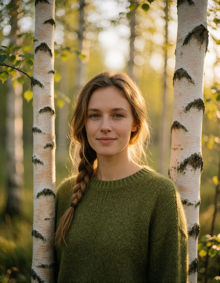Swedish woman with a braided hairstyle standing among birch trees in a moss-green sweater