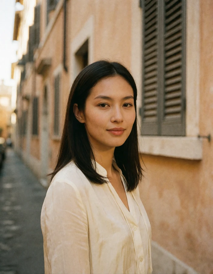 Woman in an ivory blouse standing on a quiet side street in the Borgo district near Vatican City