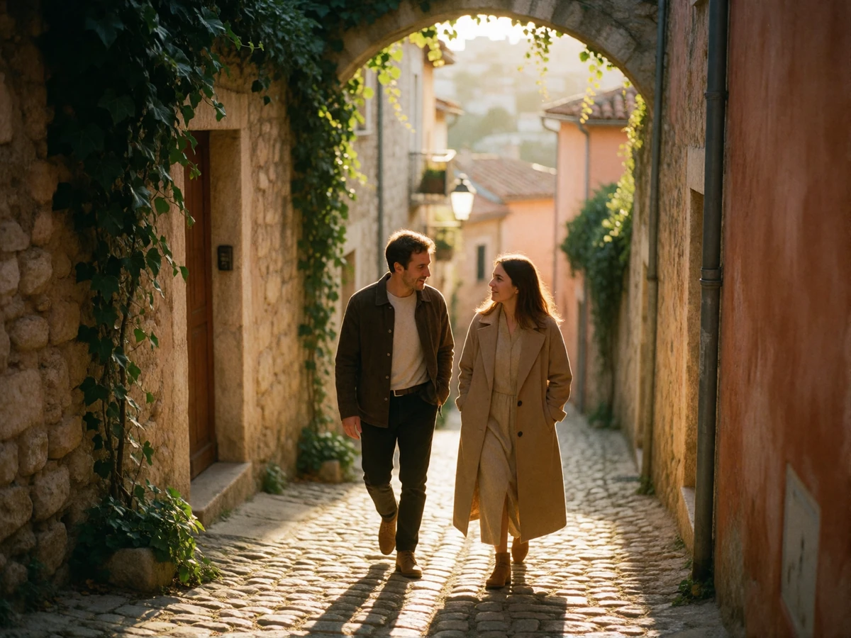 Couple walking together up a narrow cobbled lane between stone houses in San Marino's old town at golden hour