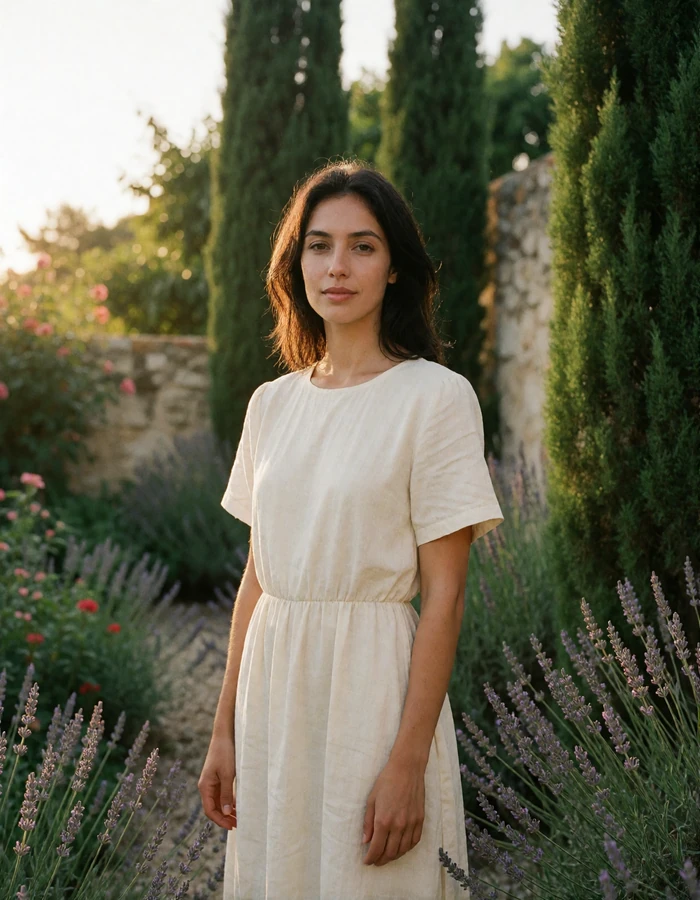 San Marinese woman in an ivory dress standing in a terraced garden of cypress and lavender