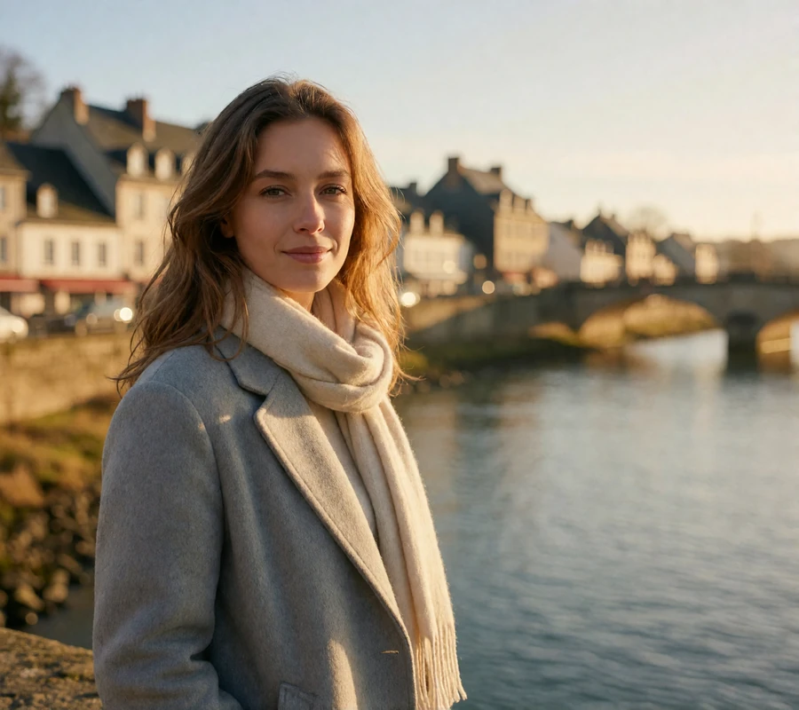 German woman in a grey coat smiling beside a riverside town and stone bridge