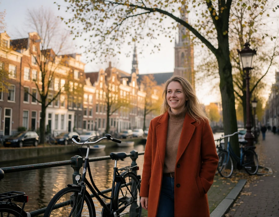 Dutch woman in a rust-orange coat walking beside a man along a tree-lined Amsterdam canal