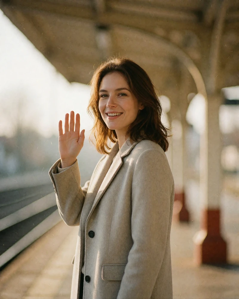 European woman in a grey coat waving with a bright smile while waiting on a station platform