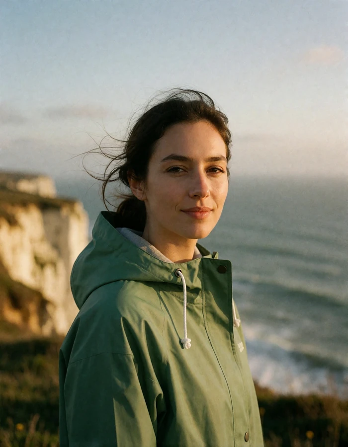 Irish woman with dark hair and a green raincoat standing on a windswept Atlantic clifftop
