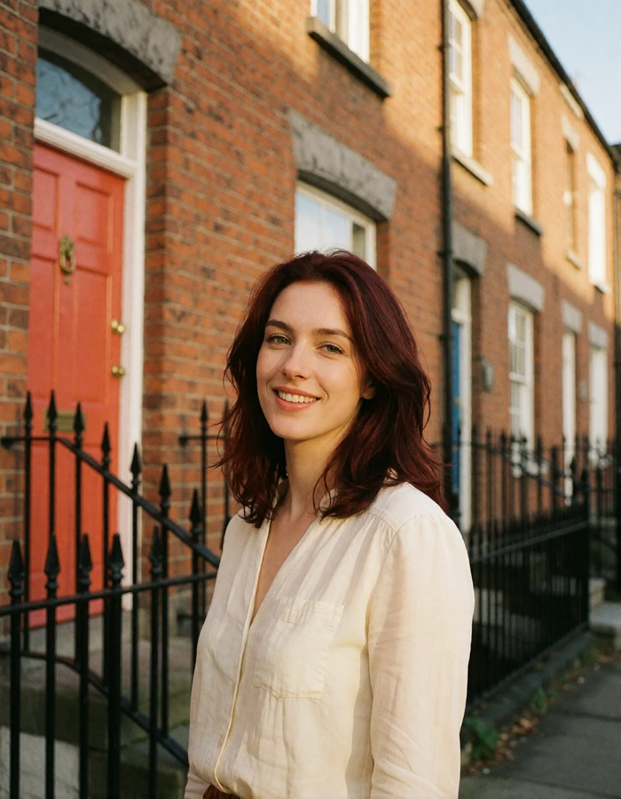Irish woman with dark auburn hair and a cream blouse smiling on a Dublin street of red-brick houses